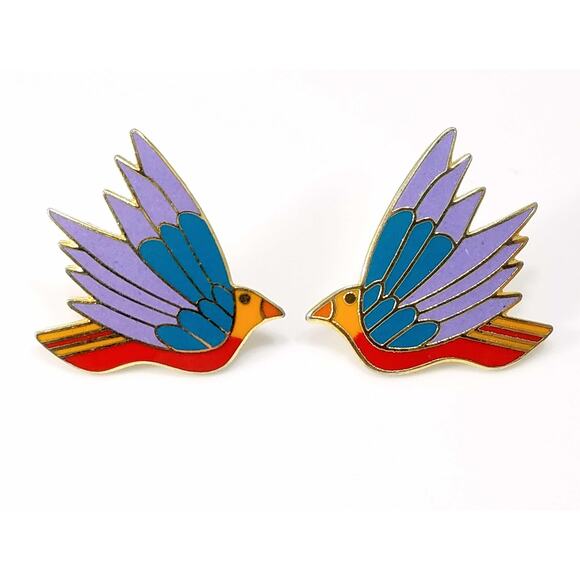 Laurel Burch "Celeste" Bird Earrings, Gold Plated Cloisonne Enamel, 1980s - Picture 10 of 10
